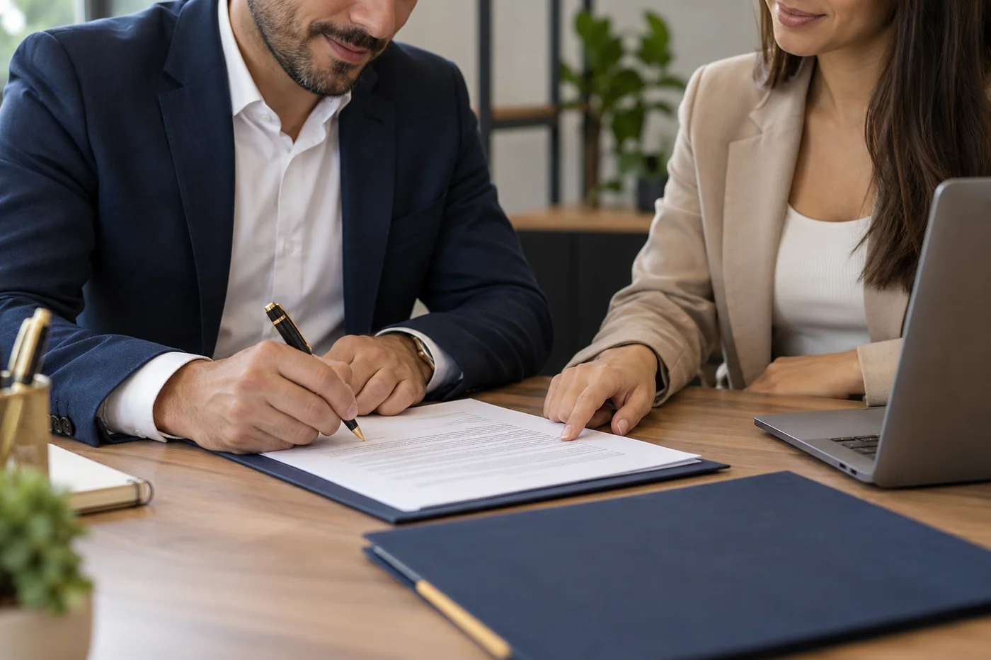 Escena ilustrativa de firma de documentos para formalizar un emprendimiento