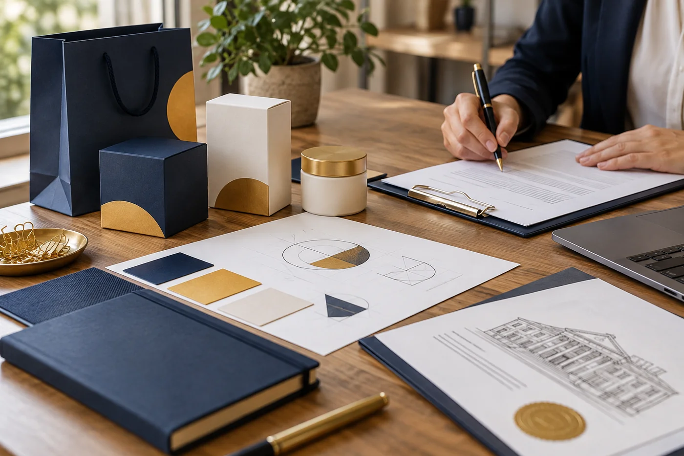 Escena ilustrativa de preparación de una identidad comercial y documentación de marca